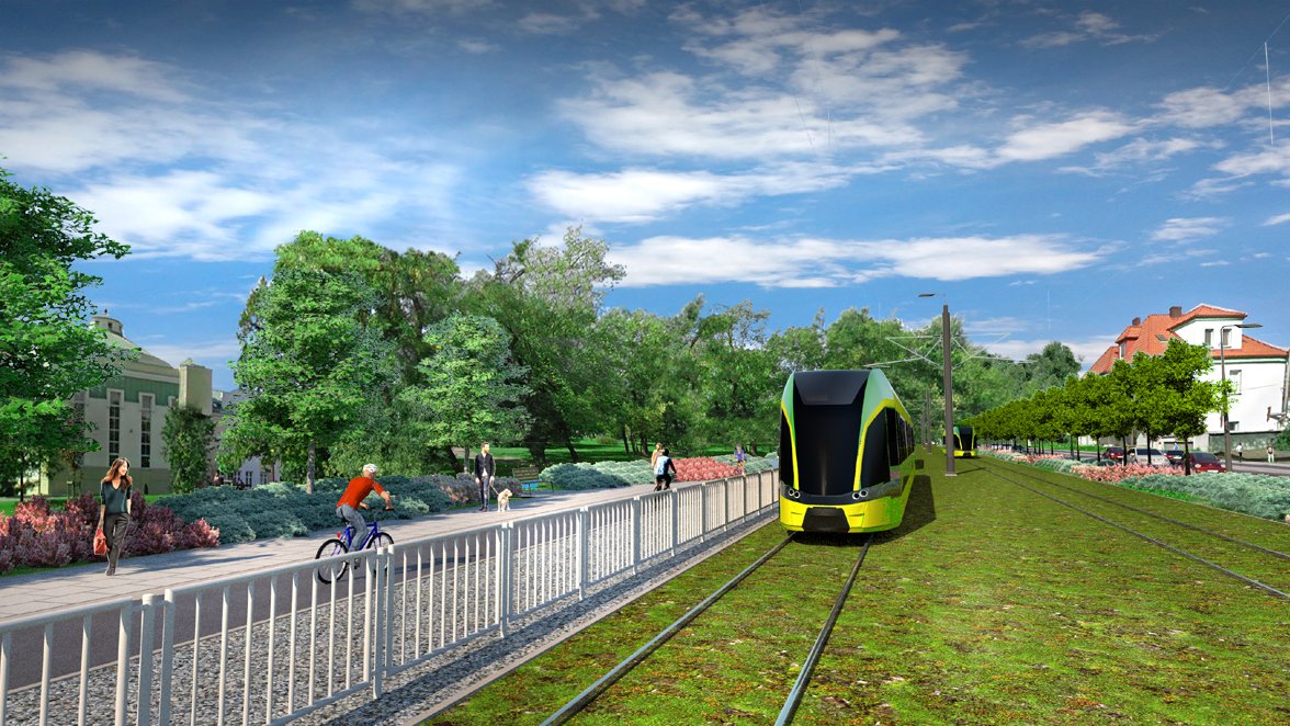 Poglądowa wizualizacja trasy tramwajowej na Naramowice na wysokości parku Kosynierów