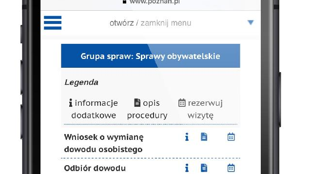 Grafika przedstawia smartfon z uruchomioną aplikacją Smart City Poznań.