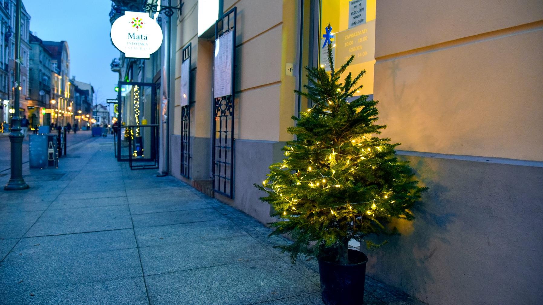 Przystrojona w światełka i logo Miasta Poznania choinka. W tle szyld restauracji i ulica Wrocławska.