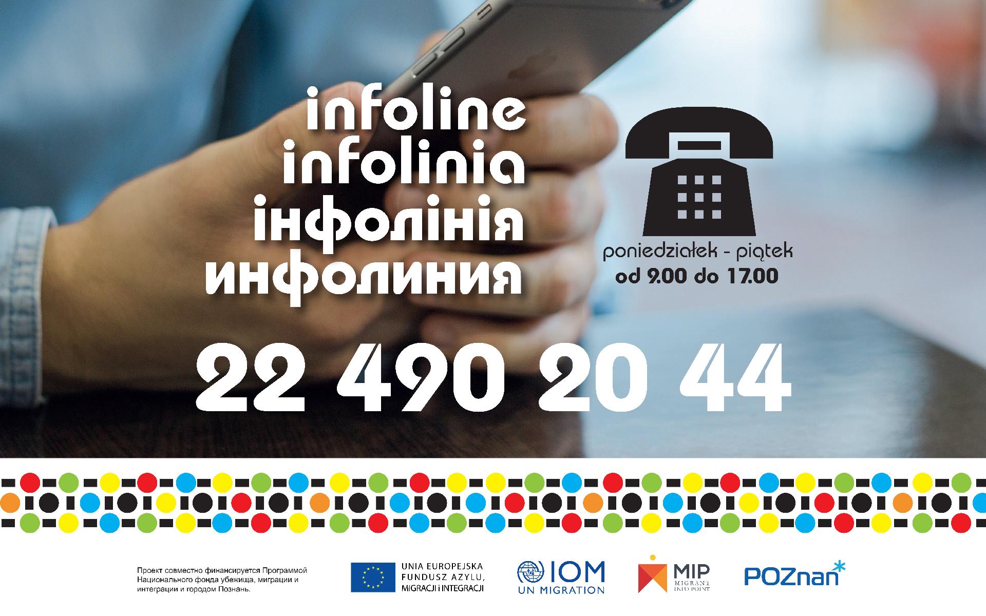 Grafika: numer telefonu infolinii, w tle zdjęcie dłoni trzymających komórkę - grafika rozmowy