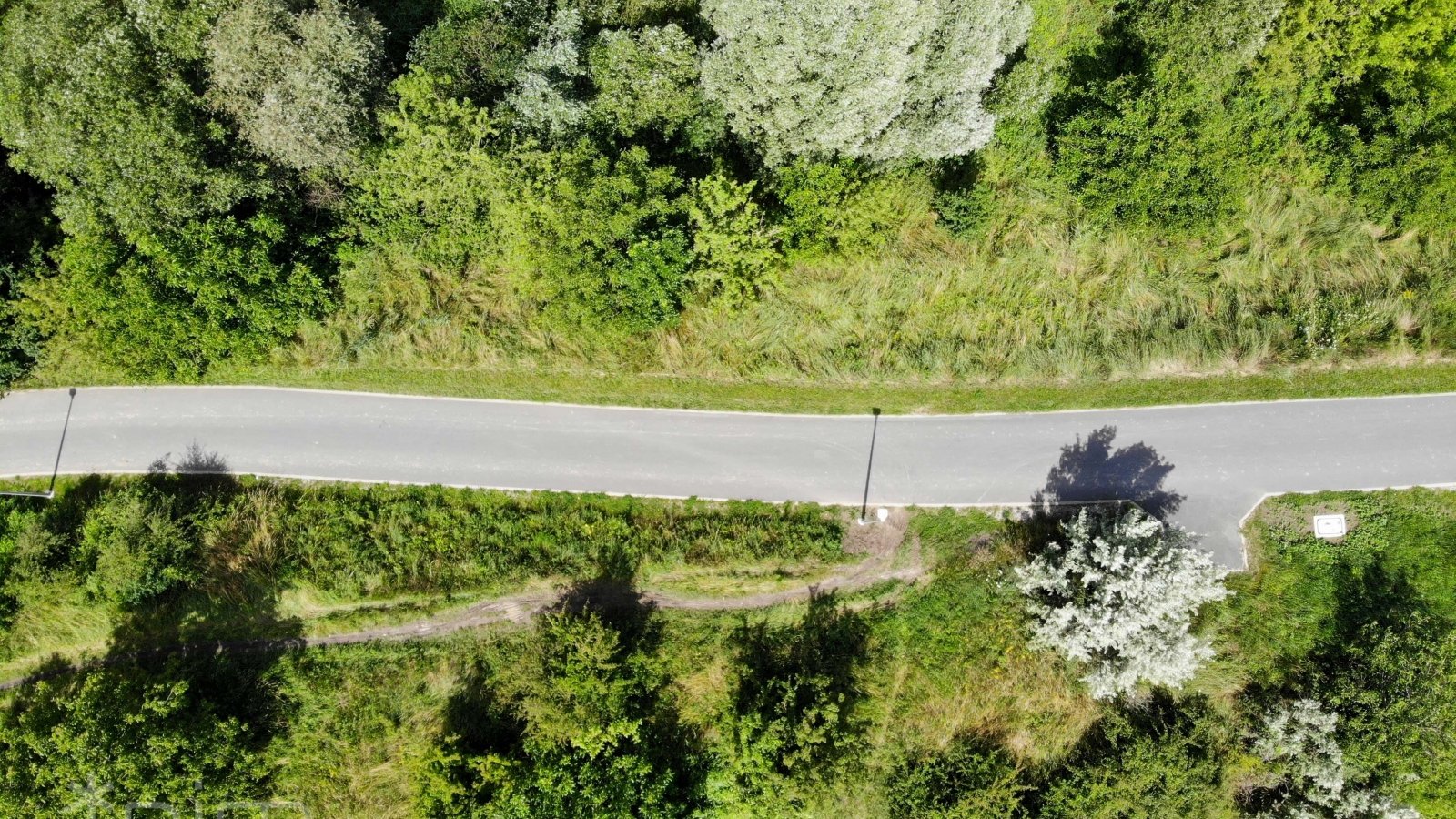 Droga rowerowa prowadząca przez tereny zielone widziana z góry.