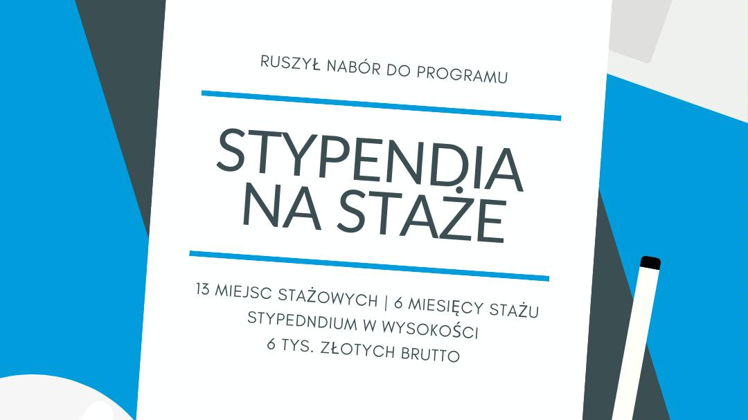 Grafika przedstawia rysunek kartki papieru, na której znajdują się informacje o programie Stypendia na staże. Obok znajduje się rysunek długopisu. - grafika rozmowy