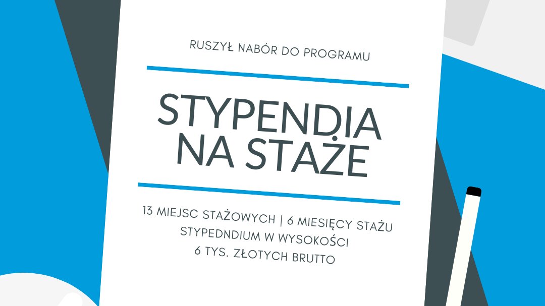 Grafika przedstawia rysunek kartki papieru, na której znajdują się informacje o programie Stypendia na staże. Obok znajduje się rysunek długopisu i filiżanki z kawą.