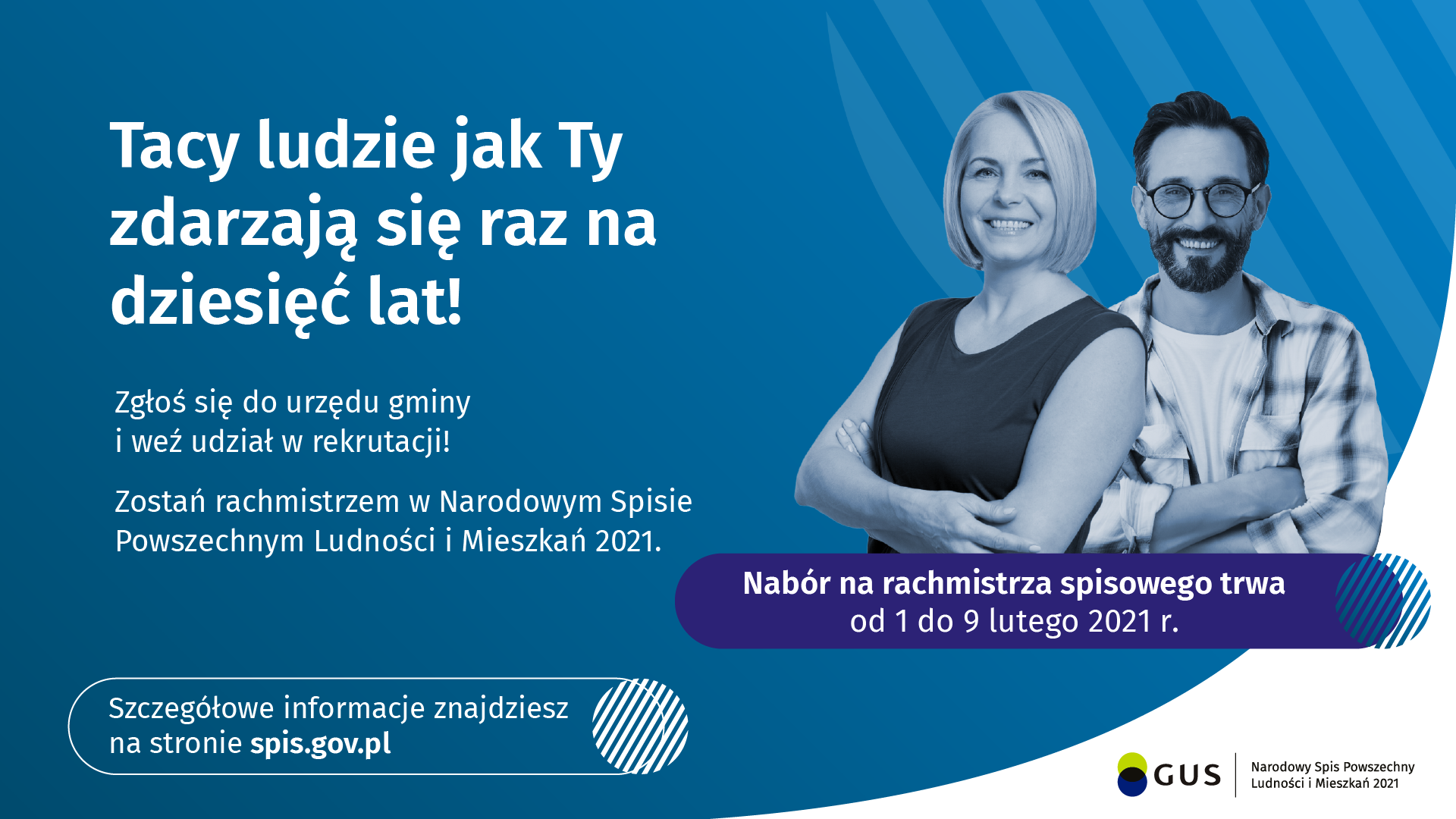 Grafika przedstawia zdjęcie mężczyzny i kobiety - oboje się uśmiechają oraz informacje o naborze na rachmistrza. - grafika rozmowy