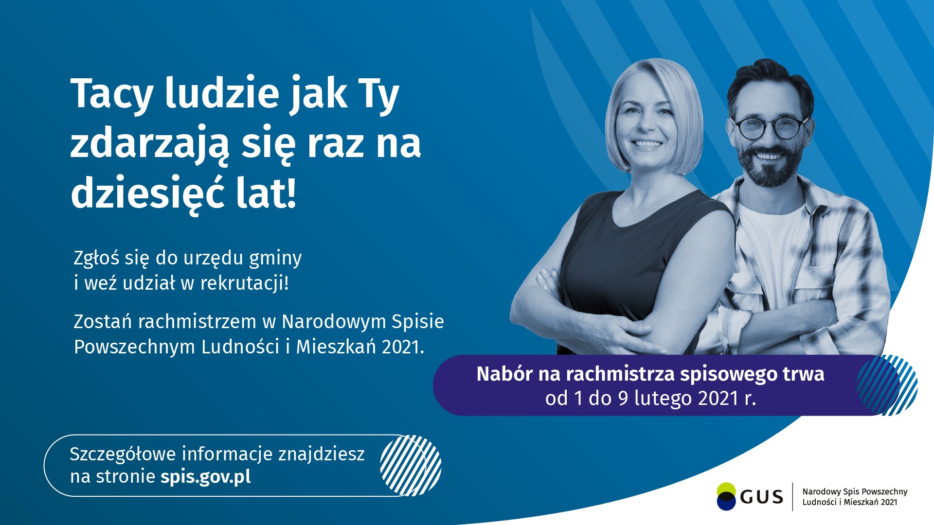 Grafika przedstawia zdjęcie mężczyzny i kobiety - oboje się uśmiechają oraz informacje o naborze na rachmistrza.