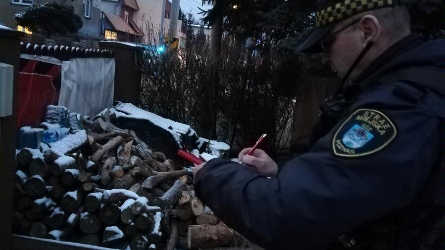 Zdjęcie przedstawia strażnika miejskiego notującego coś w notesie. Mężczyzna znajduje się na dworze. Obok niego znajduje się drewno ułożone w stos, w tle widać budynki mieszkalne.