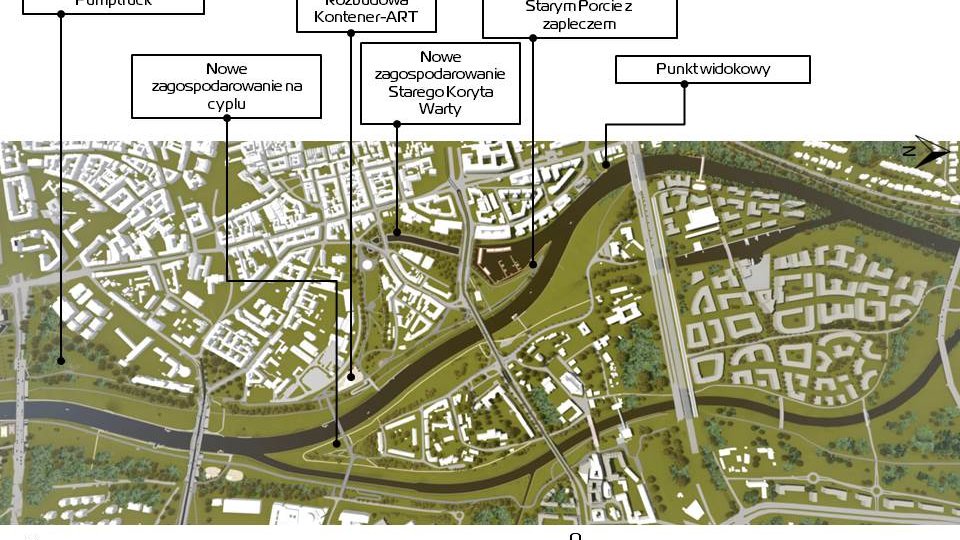 Grafika: zdjęcie Warty z lotu ptaka, na nim wskazane miejsca konkretnych inwestycji