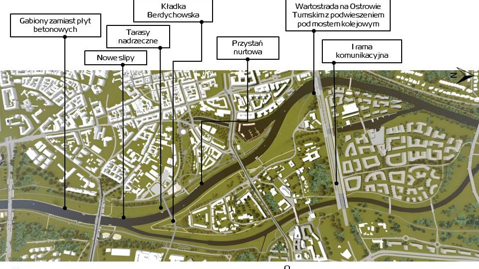 Grafika: zdjęcie Warty z lotu ptaka, na nim wskazane miejsca konkretnych inwestycji (śródmieście)