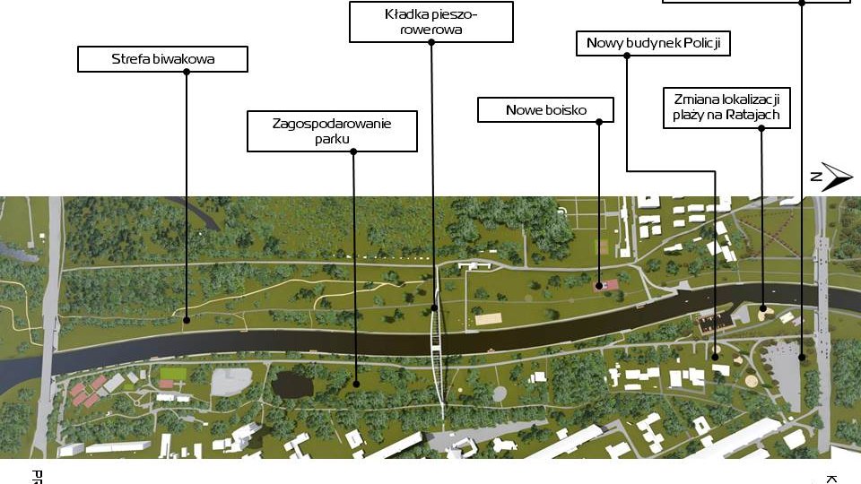 Grafika: zdjęcie Warty z lotu ptaka, na nim wskazane miejsca konkretnych inwestycji (strefa sportu)