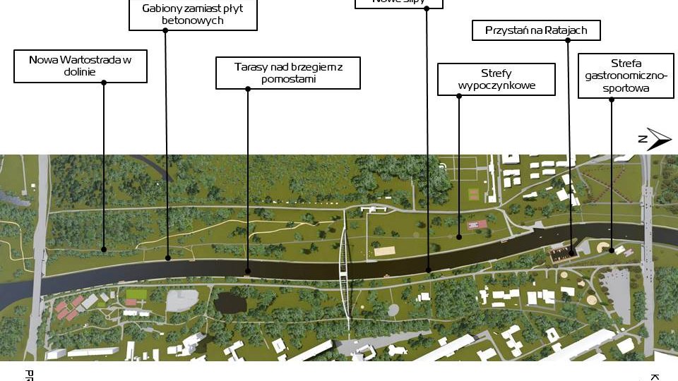 Grafika: zdjęcie Warty z lotu ptaka, na nim wskazane miejsca konkretnych inwestycji (strefa sportu - część druga)