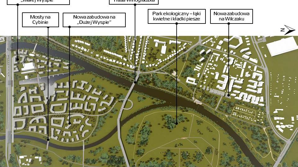 Grafika: zdjęcie Warty z lotu ptaka, na nim wskazane miejsca konkretnych inwestycji (strefa rekreacji - część druga)