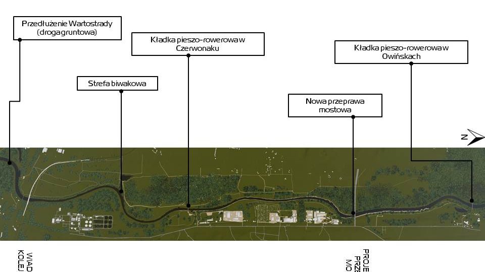 Grafika: zdjęcie Warty z lotu ptaka, na nim wskazane miejsca konkretnych inwestycji - strefa klinów zieleni (północna)