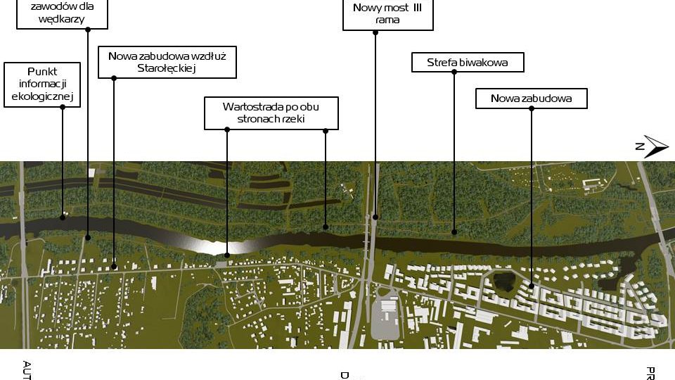 Grafika: zdjęcie Warty z lotu ptaka, na nim wskazane miejsca konkretnych inwestycji (strefa klinów zieleni - południowa)