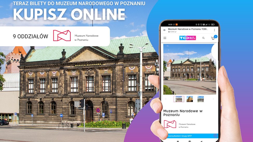 Zdjęcie przedstawia stary budynek Muzeum Narodowego. Na jego tle znajduje się grafika ręki trzymającej telefon komórkowy. Na ekranie telefonu znajduje się aplikacja ToBilet.pl.