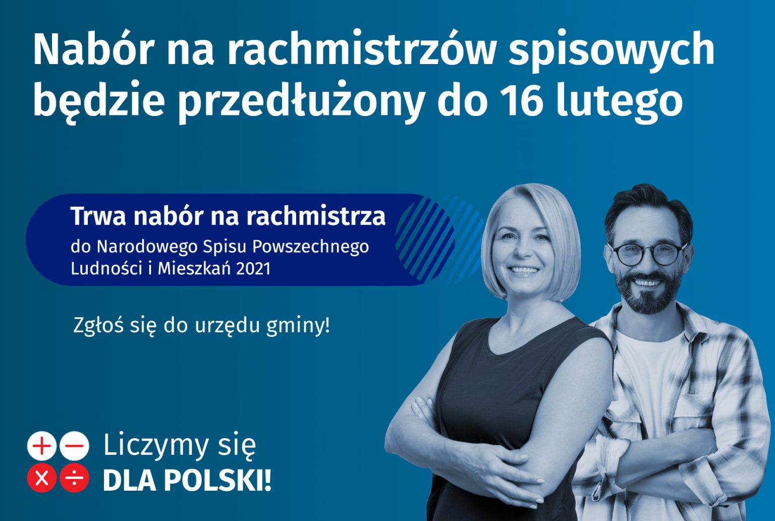 Grafika przedstawia zdjęcie mężczyzny i kobiety - oboje się uśmiechają oraz informacje o naborze na rachmistrza. - grafika rozmowy