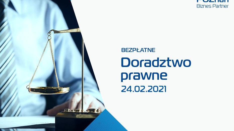 Grafika: mężczyzna w koszuli i krawacie, przed nim waga Temidy, obok data doradztwa prawnego