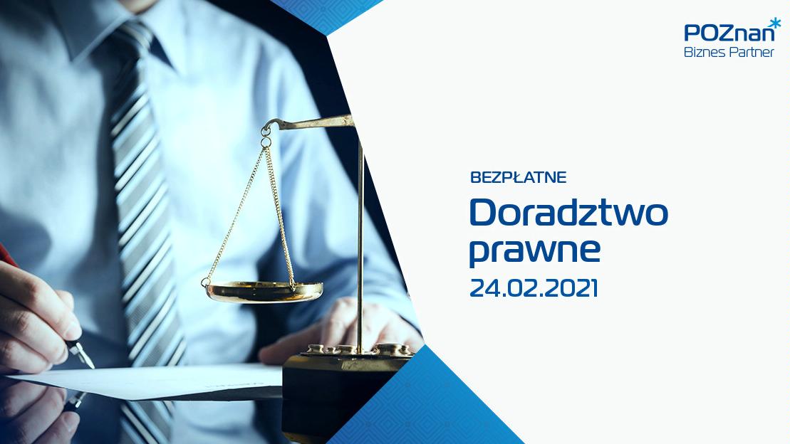 Plakat. Po lewej postać w koszuli i krawacie. Po prawej napis "Bezpłatne doradztwo prawne. 24.02.21". - grafika rozmowy