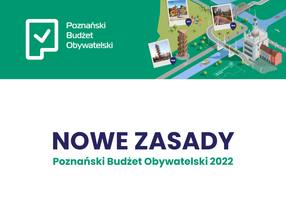 Grafika przedstawia napis "Nowe Zasady - Poznański Budżet Obywatelski 2022", logo akcji oraz rysunek pokazujący zrealizowane w ramach PBO inwestycje, m.in. wieżę widokową na Szachtach czy Wartostradę. - grafika rozmowy