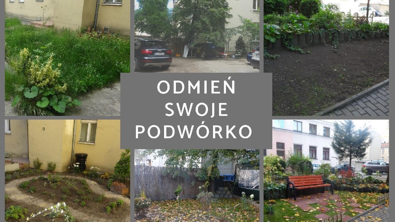 Kolaż zdjęć. Górna galeria przedstawia podówrka przed metemorfozą, dolna - po. Na środku napis - Odmień swoje podwórko.