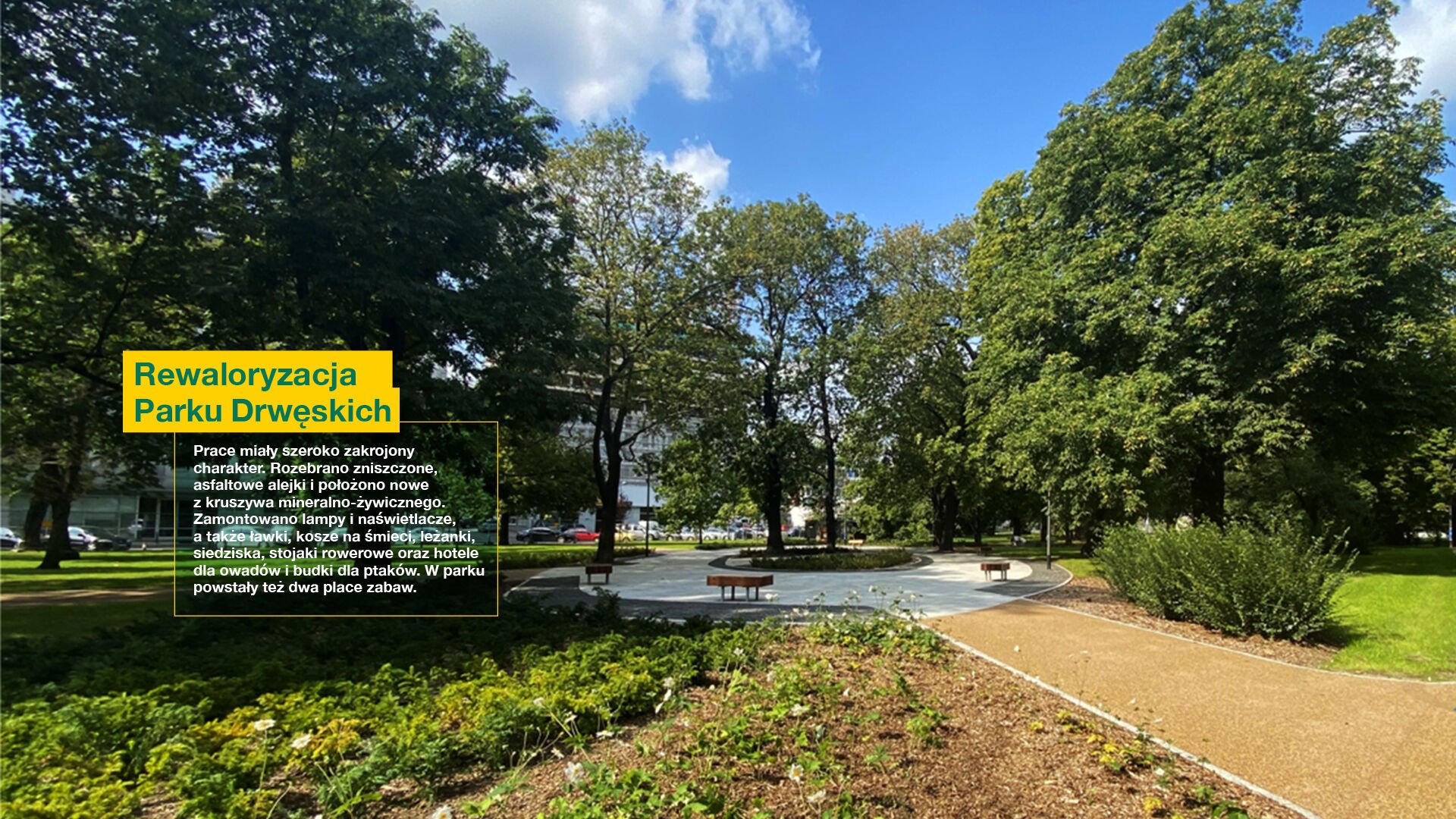 Na zdjęciu park Drwęskich, w centrum alejka, w tle drzewa, obok informacje o rewitalizacji