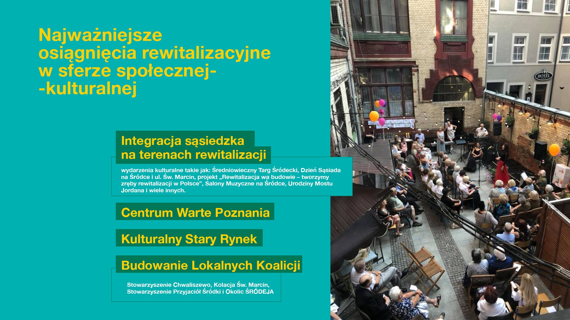 Na zdjęciu kameralny koncert na podwórku poznańskiej kamienicy, obok informacje o rewitalizacji