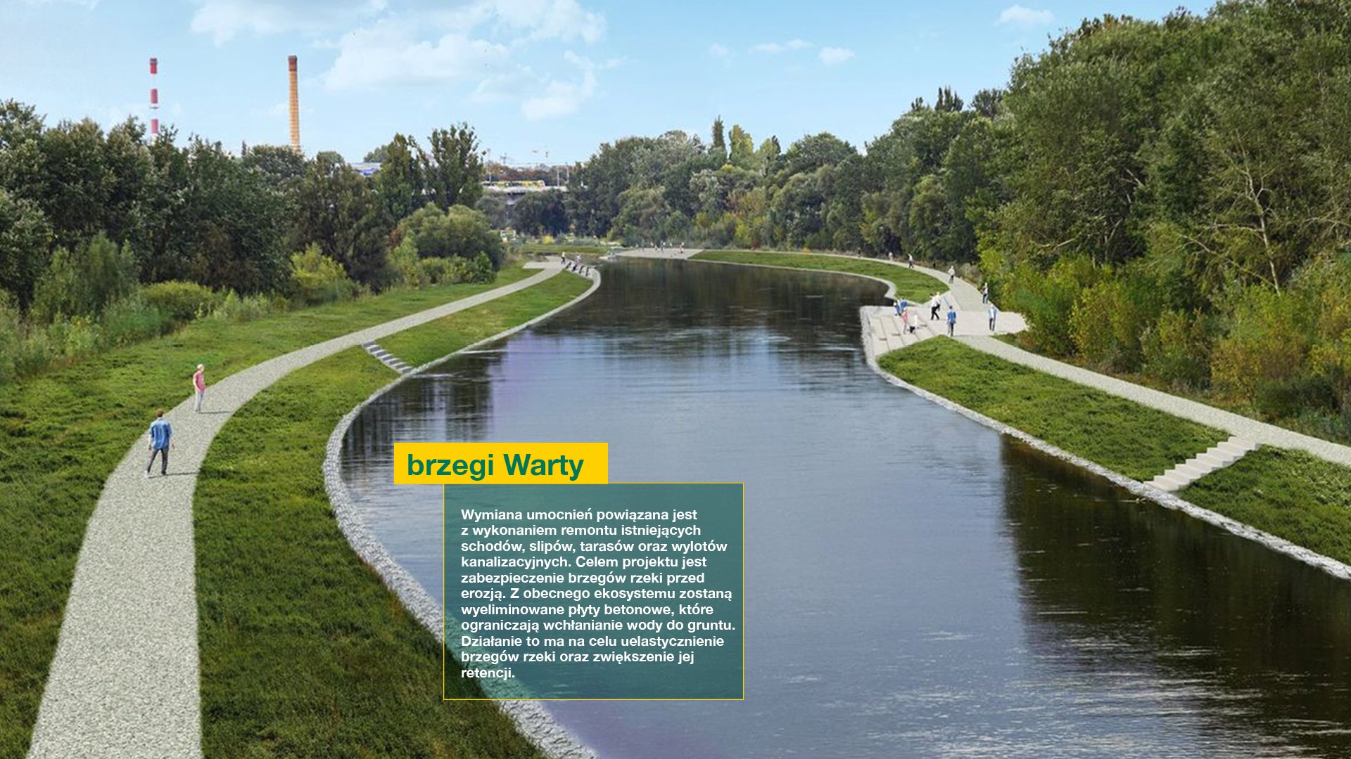 Wizualizacja brzegów Warty, obok informacje o rewitalizacji