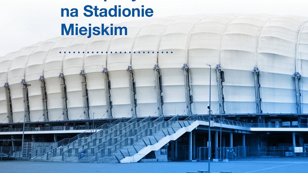 Grafika przedstawiająca stadion, nad nim napis: Od 19 kwietnia szczepimy na Stadionie Miejskim