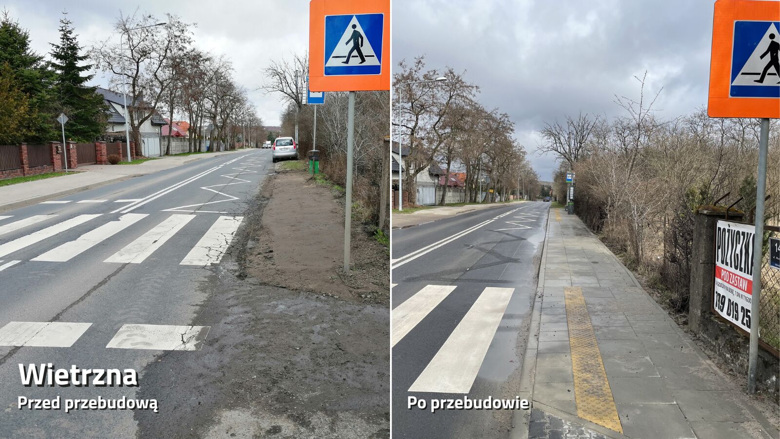 Kolaż zdjęć pokazujących jak wyglądał przystanek przed i po budowie nowej platformy - grafika rozmowy