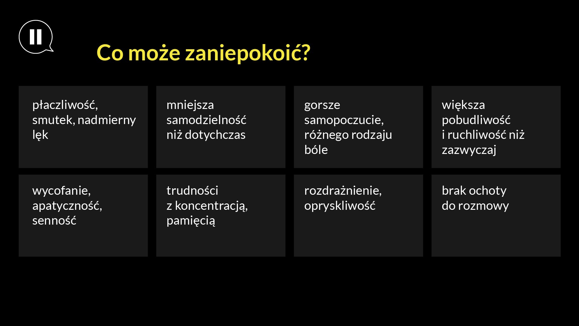 Grafika z wypisanymi symptomami świadczącymi o tym, że dziecko przeżywa trudności związane z przedłużającą się pandemią i zdalnym nauczaniem.