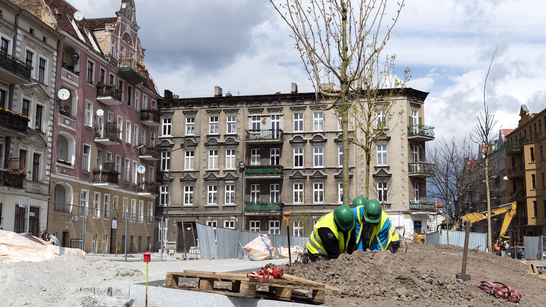 Rynek Łazarski, na pierwszym planie trzech robotników sadzi drzewo, w tle kamienice