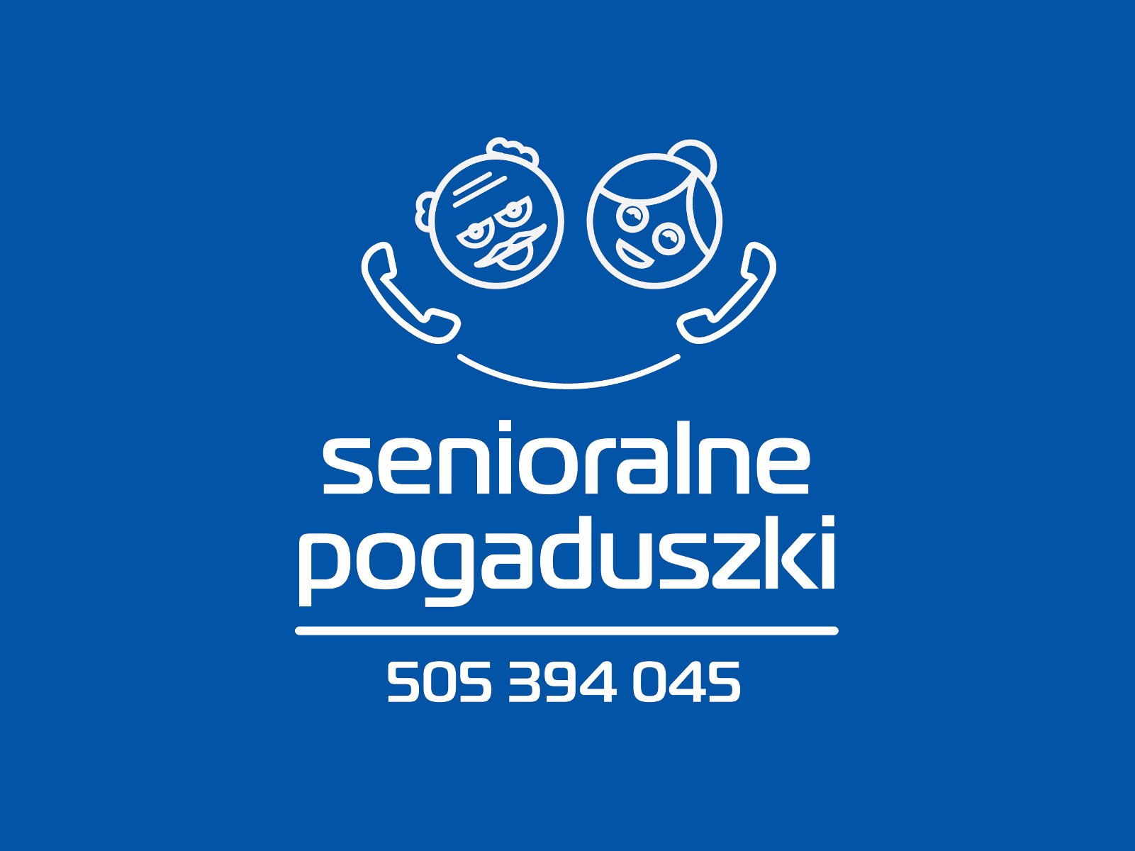 Grafika: na granatowym tle schematyczne twarze seniora i seniorki, rozmawiających przez telefon - grafika rozmowy