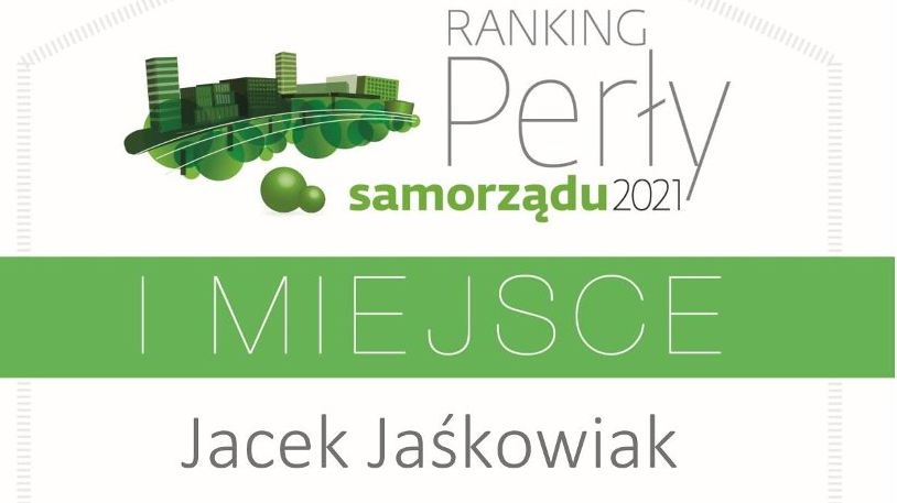 Grafika: dyplom rankingu Pereł samorządu z nazwiskiem zwycięzcy, Jacka Jaśkowiaka, prezydenta Poznania