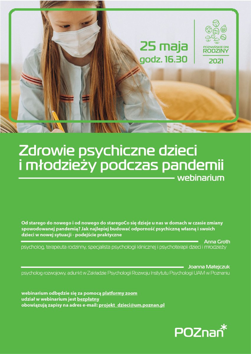 Plakat: na zdjęciu nastolatka w bluzie i w maseczce, pod zdjęciem, na zielonym tle - informacje o webinarze - grafika rozmowy