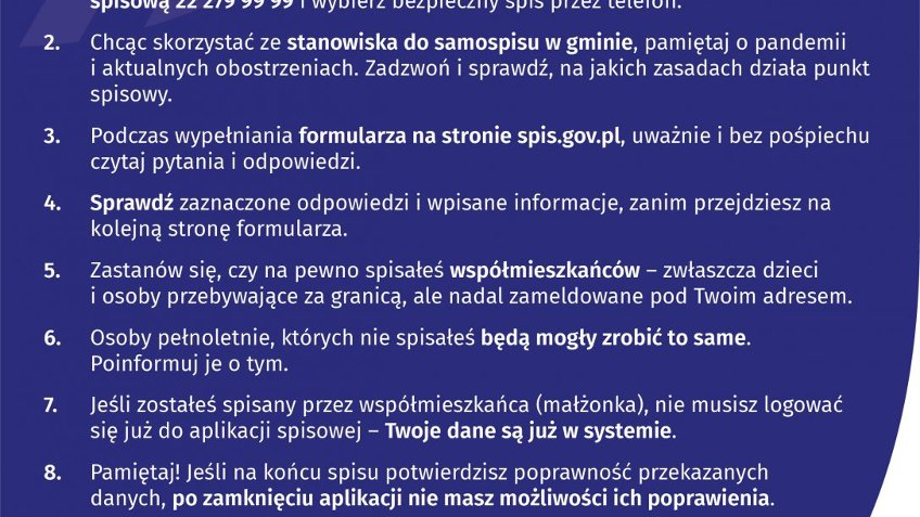 W górnej części grafiki zdjęcie uśmiechniętego mężczyzny w sędziwym wieku. Obok biały napis na niebieskim tle: Narodowy Spis Powszechny Ludności i Mieszkań 2021. Ponieżej lista 10 porad spisowych dla seniorów.