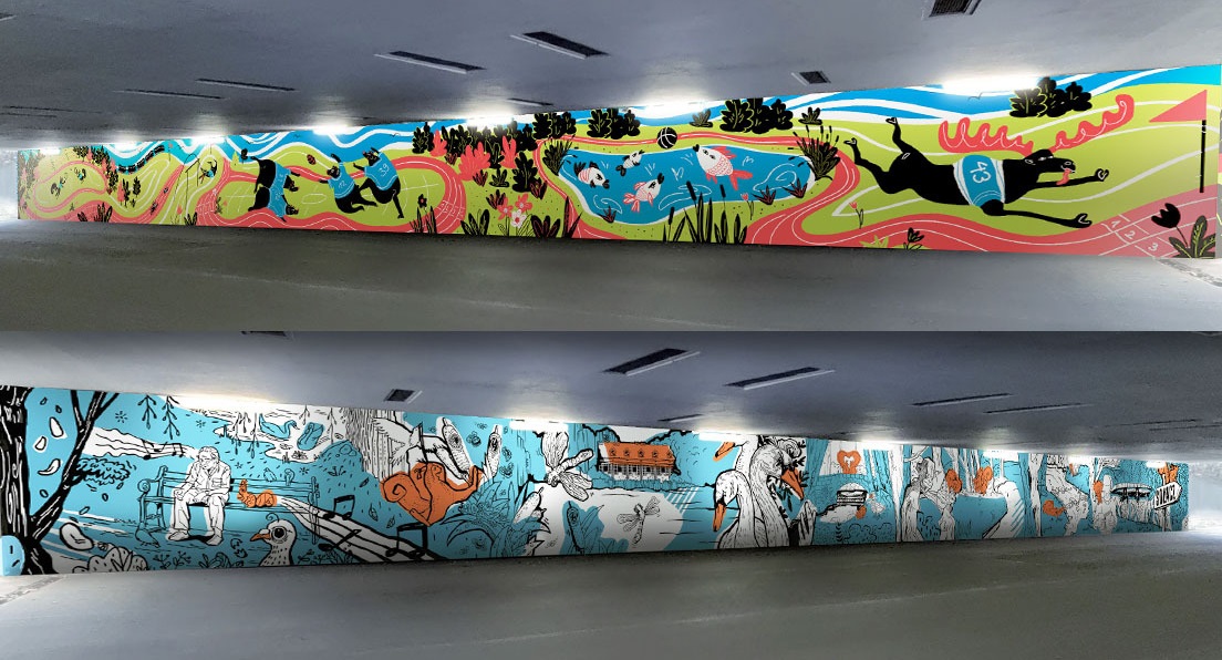 Wizualizacja przedstawia mural, który powstanie w tunelu na Golęcinie. Został on ukazany na dwóch zdjęciach. Mural na górnej fotografii przedstawia boisko sportowe, a także rośliny i zwierzęta. Mural na dolnym zdjęciu przedstawia park - widać na nim łabędzie czy człowieka siedzącego na ławce. - grafika rozmowy