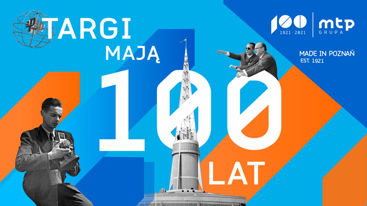 Plakat. Po środku napis: Targi mają 100 lat i zdjęcie iglicy - grafika rozmowy