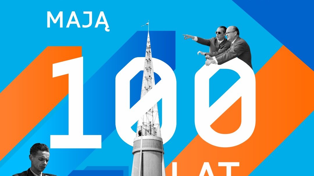 Plakat. Po środku napis: Targi mają 100 lat i zdjęcie iglicy