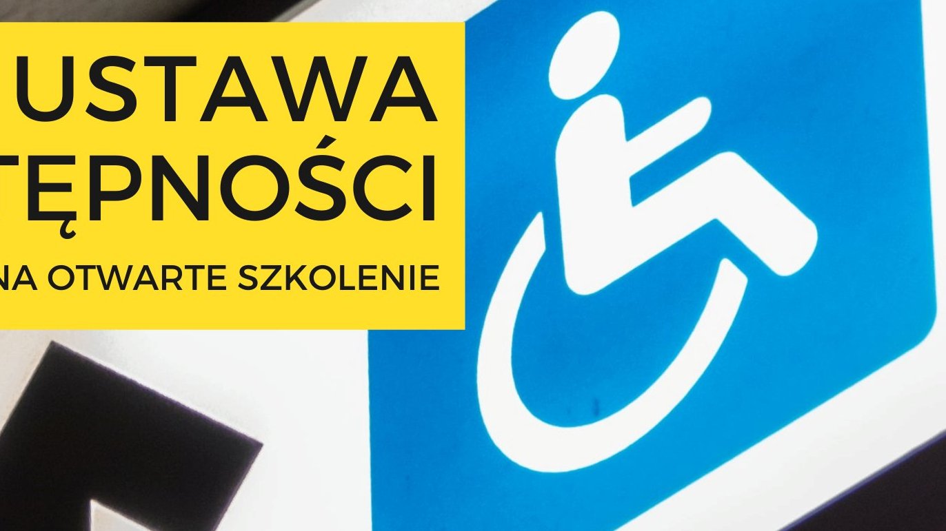 Grafika: po lewej symbol osoby na wózku, po prawej na żółtym tle tytuł szkolenia: NGO a ustawa o dostępności