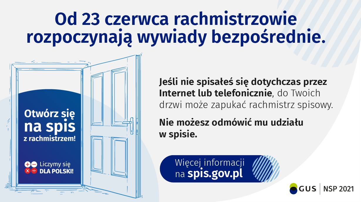 Plakat. Niebieski napis na szarym tle: Od 23 czerwca rachmistrzowie rozpoczynają wywiady bezpośrednie. - grafika rozmowy