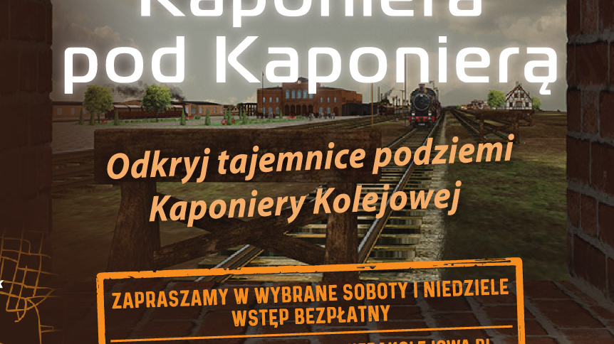 infografika: zdjęcie ściany z cegieł, na nie nałożony napis: Kaponiera pod Kaponierą oraz link do strony internetowej - w formie pieczątki