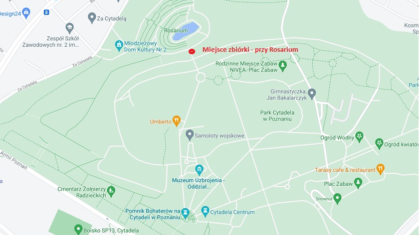 Mapa Cytadeli z zaznaczonym czerwoną kropką miejscem zbiórki - przy Rosarium