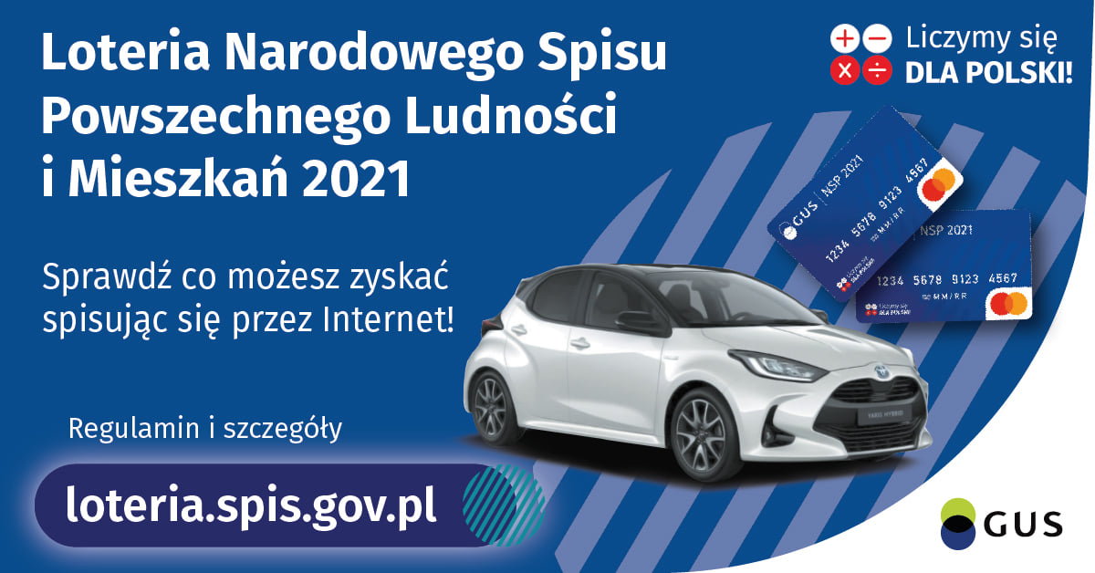 Grafika. Biały napis na niebieskim tle: Loteria Narodowego Spisu Powszechnego Ludności i Mieszkań 2021. Obok zdjęcie samochodu i kart płatniczych. - grafika rozmowy