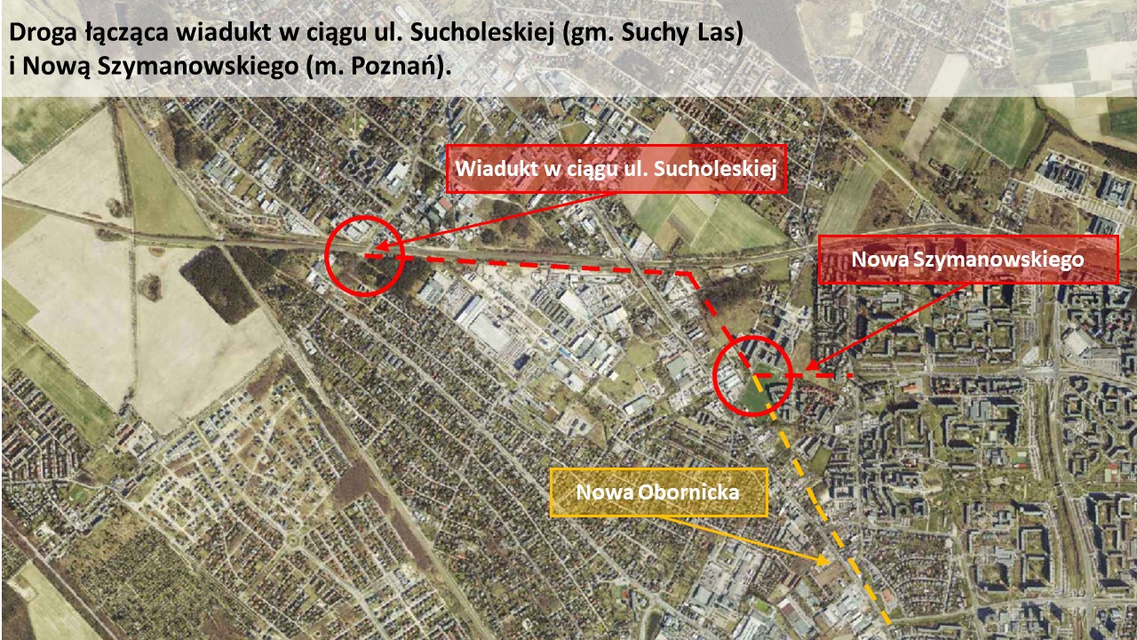 Na zdjęciu mapa (widok satelitarny) z zaznaczonymi przebiegami proponowanych nowych ulic - grafika rozmowy