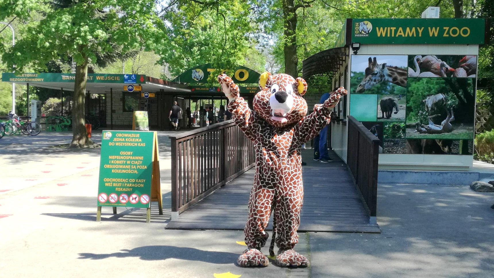 Zdjęcie przedstawia osobę przebraną za lamparta. W tle widać wejście do zoo.Obok stoi baner z napisem "witamy w zoo".