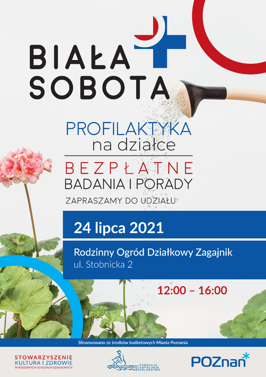 Plakat informujący o wydarzeniu, w tle zdjęcie: pelargonia i ręka z konewką - grafika rozmowy