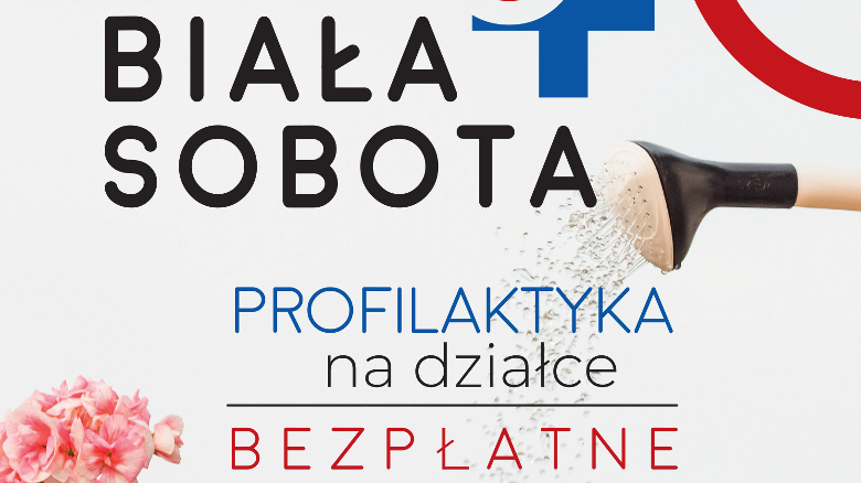 Plakat informujący o wydarzeniu, w tle zdjęcie: pelargonia i ręka z konewką