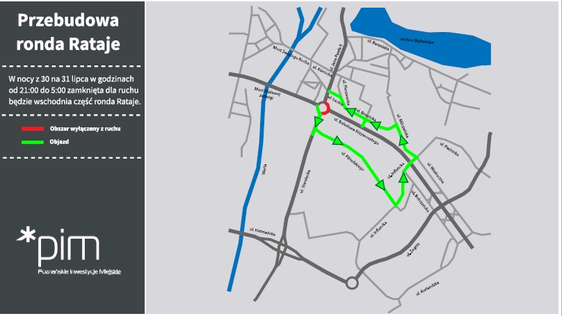 Mapa pokazująca objazdy wokół ronda Rataje