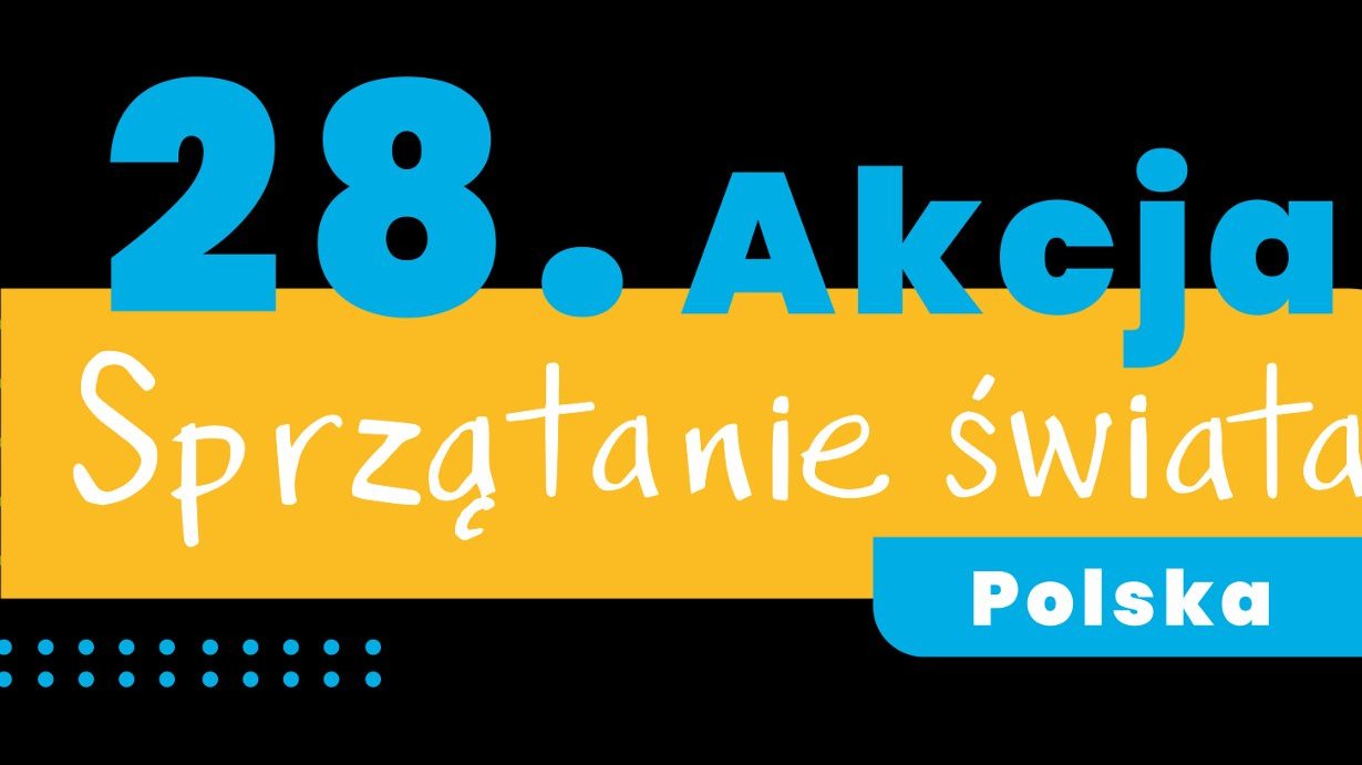 Grafika przedstawia napis "28. akcja sprzątanie świata" na czarno żółtym tle.