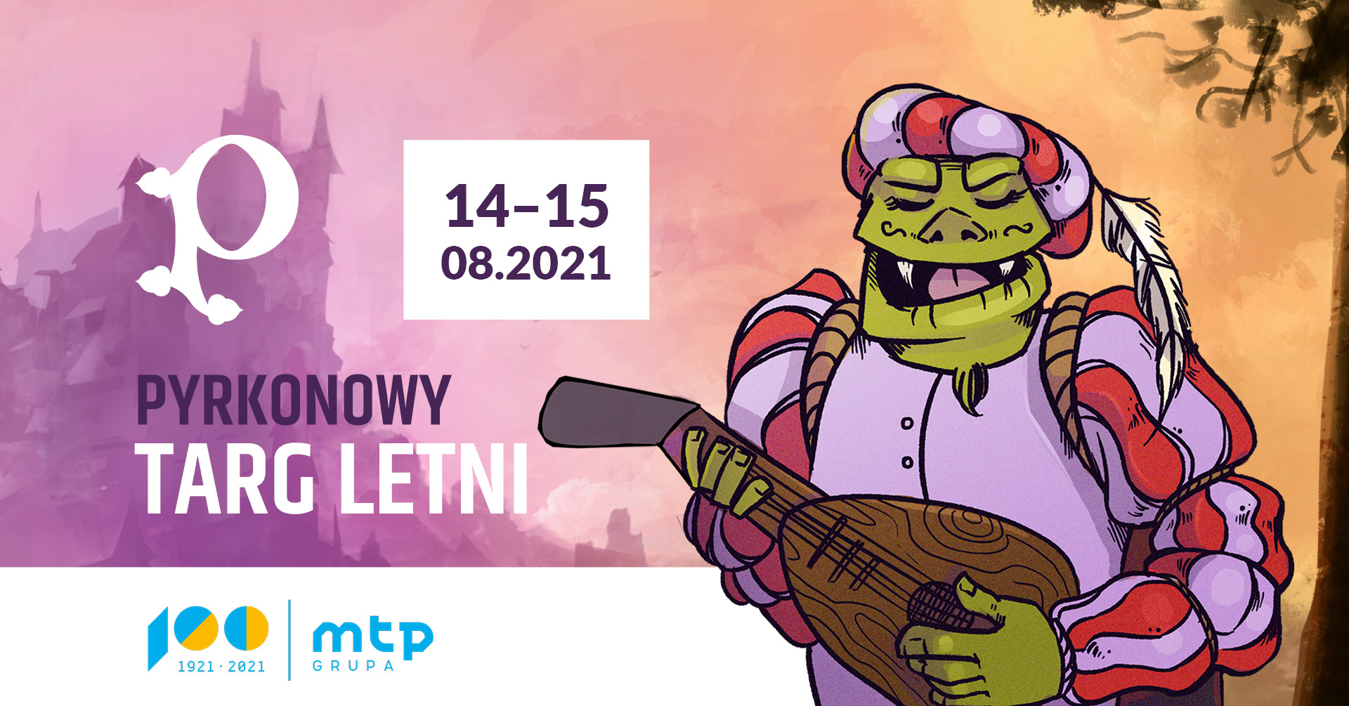 Grafika przedstawia zieloną postać ogra ubranego w kapelusz z piórkiem i elegancki strój, grającego na gitarze. Znajdują się tam także informacje na temat wydarzenia - miejsce i czas. - grafika rozmowy