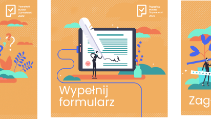 Galeria grafik przedstawia zasady głosowania w PBO. Widać na nich obrazki m.in. ludzi i kalendarza na pomarańczowym tle oraz ważne daty.